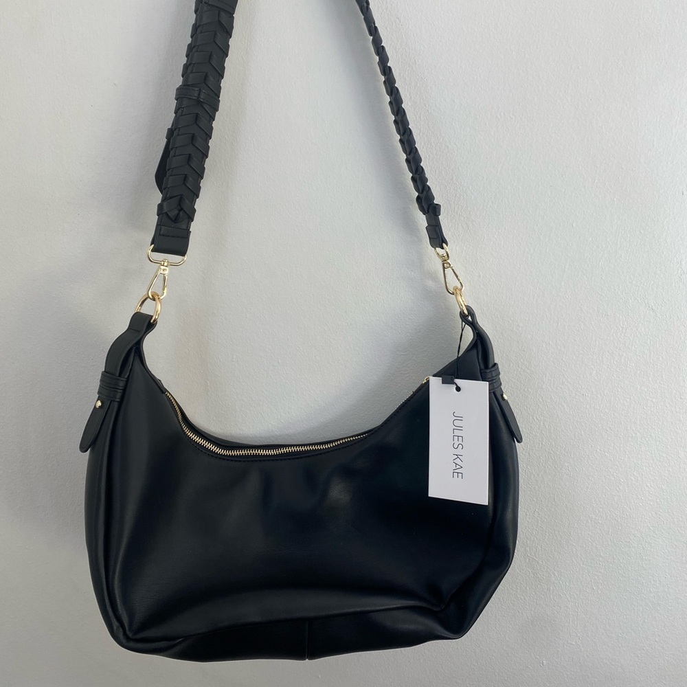 JULES KAYE black purse with braided, belted, strap, NWT